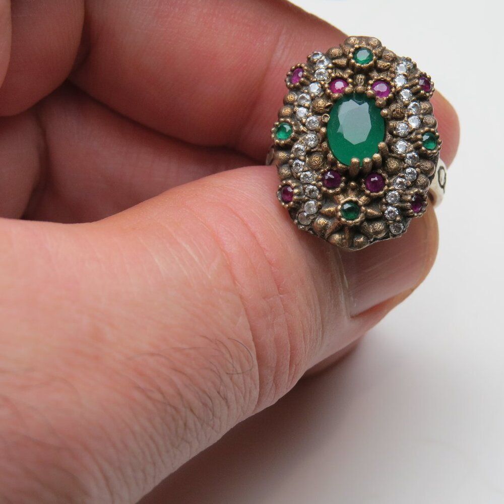 *925 Sterling Silver Diamond Emerlad Ruby Ring